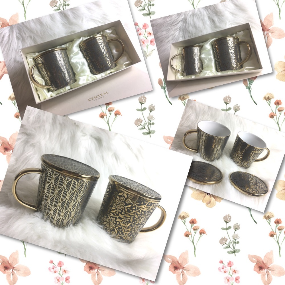 NWOT set of 2 UNIQUE GOLD MUGS WITH LID